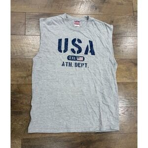 Vintage USA Ath. Dept. Distressed Grunge Graphic Sleeveless Tee Tank Top Grey XL